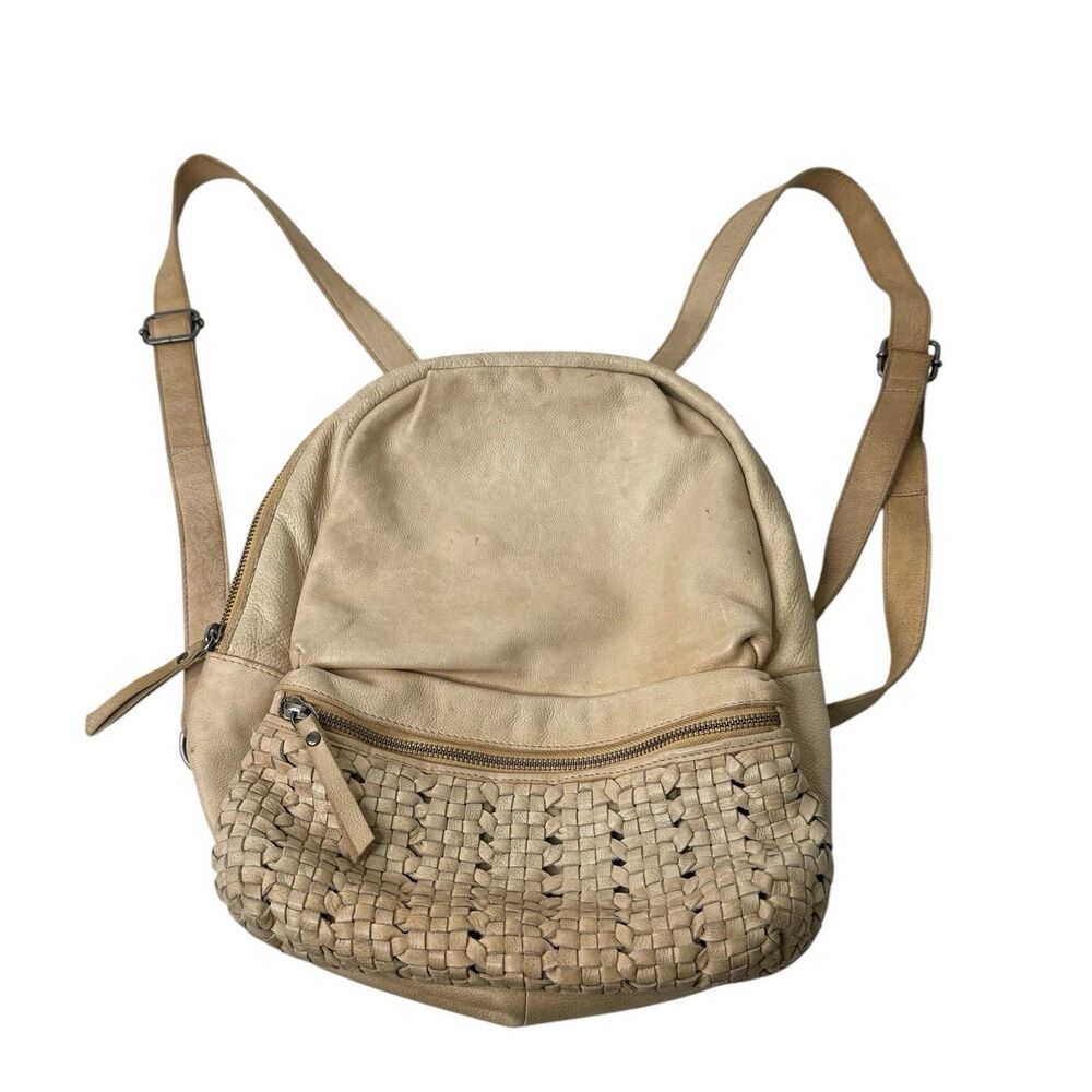 Latico Genuine Leather Woven Backpack Tan Cream Boho Distressed Adjustable Strap